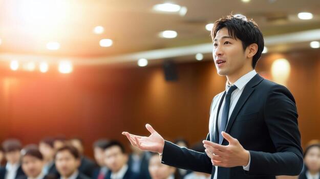 Man in a suit giving a confident presentation to colleagues in a conference room