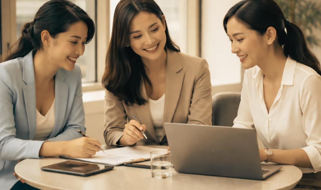Three businesswomen collaborating at a table with a laptop and tablet
