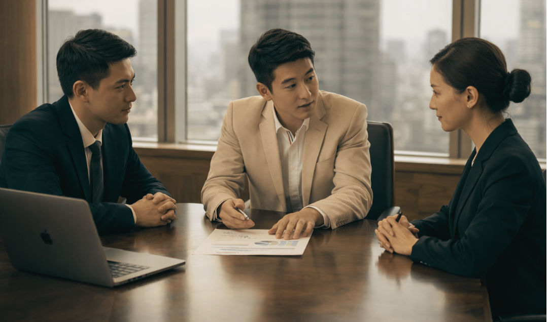 Three professionals discussing business strategy in a boardroom meeting