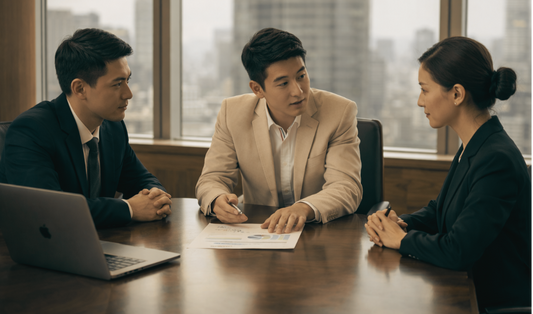 Three professionals discussing business strategy in a boardroom meeting