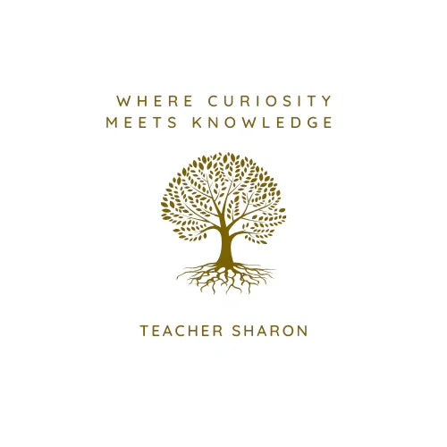 Elegant gold tree logo with roots, text reads 'Where curiosity meets knowledge, Teacher Sharon'.